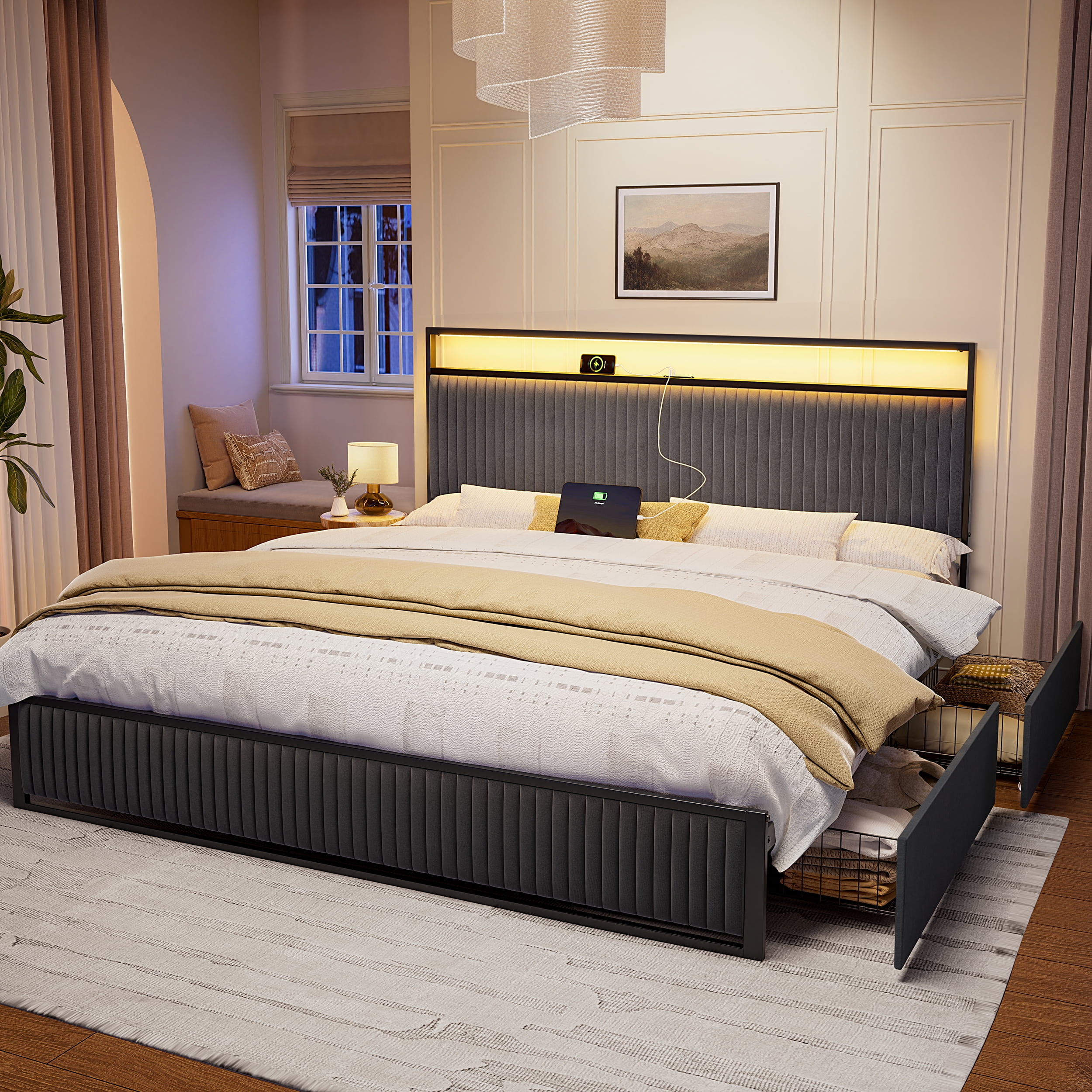 GUNAITO King Bed Frame with Headboard, Platform Bed with 2 Drawers, Velvet Upholstered Bed Frame with LED Lights & Charging station，Dark Grey