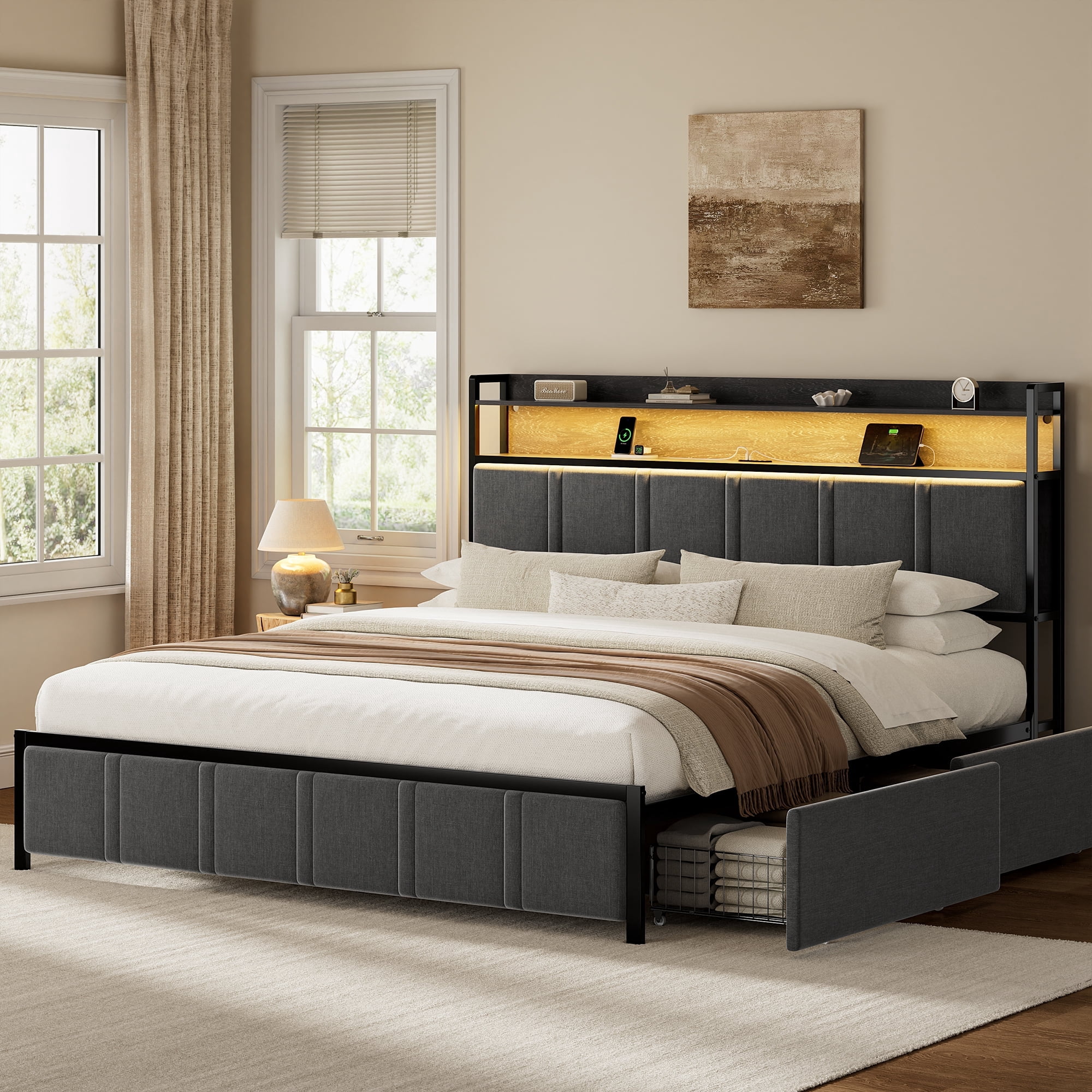 GUNAITO King Bed Frame with Storage Headboard, 2 Drawers Platform Upholstered LED Bed Frame with USB Ports & Outlets Gray
