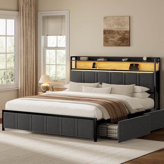GUNAITO King Bed Frame with Storage Headboard, 2 Drawers Platform Upholstered LED Bed Frame with USB Ports & Outlets Gray