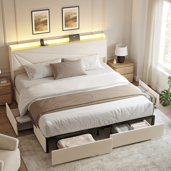 GUNAITO King Size Bed Frame with 4 Storage Drawers, Upholstered LED Bed with USB Ports, Modern Bed with Headboard Noise Free Platform Bed with Metal Frame, Beige