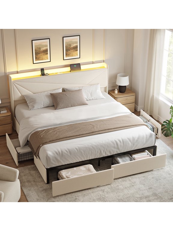 King Size Bed Frame with 4 Storage Drawers, Upholstered LED Bed with USB Ports, Modern Bed with Headboard Noise Free Platform Bed with Metal Frame, Beige