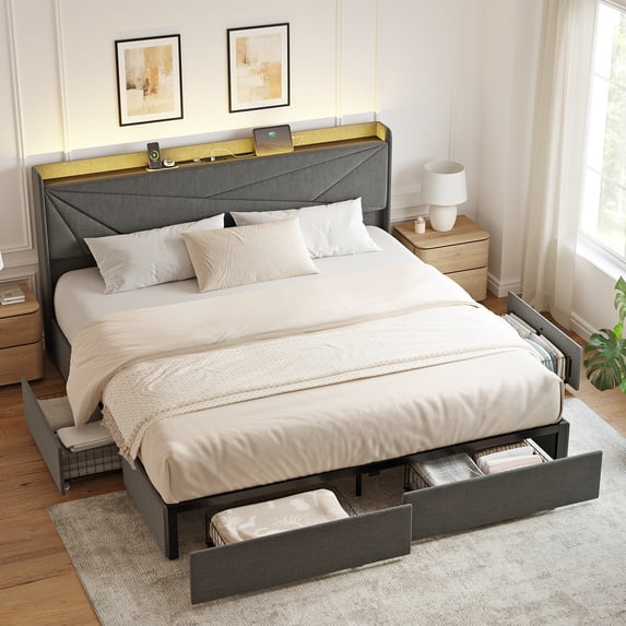 GUNAITO King Size Bed Frame with 4 Storage Drawers, Upholstered LED Bed with USB Ports, Modern Bed with Headboard Noise Free Platform Bed with Metal Frame, Dark Gray