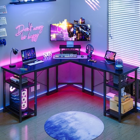 GUNAITO 61" Large L Shaped Desk,Gaming Desk with Storage Self,Corner Computer Desk,Reversible Office Desk,Carbon Fiber Black