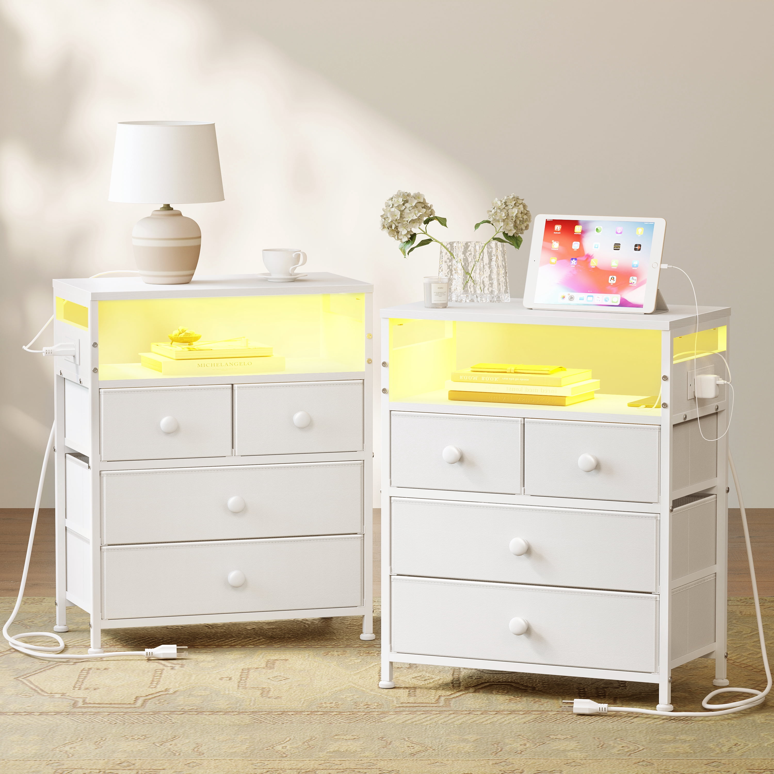GUNAITO Led Nightstand Set of 2 with 4 Drawers Bedside Table with Charging Station Wide End Table with Storage Shelf for Living Room,White