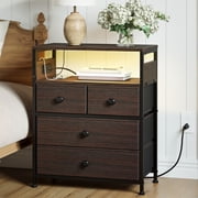 GUNAITO Led Nightstand with 4 Drawers Bedside Table with Charging Station Wide End Table with Storage Shelf for Living Room,Brown