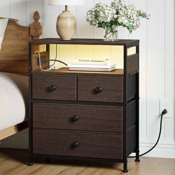 GUNAITO Led Nightstand with 4 Drawers Bedside Table with Charging Station Wide End Table with Storage Shelf for Living Room,Brown