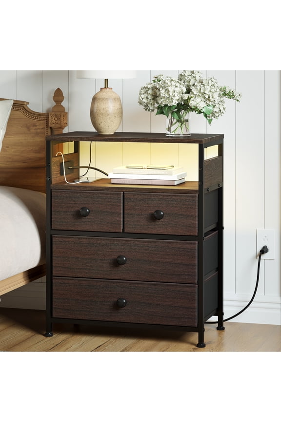Led Nightstand with 4 Drawers Bedside Table with Charging Station Wide End Table with Storage Shelf for Living Room,Brown
