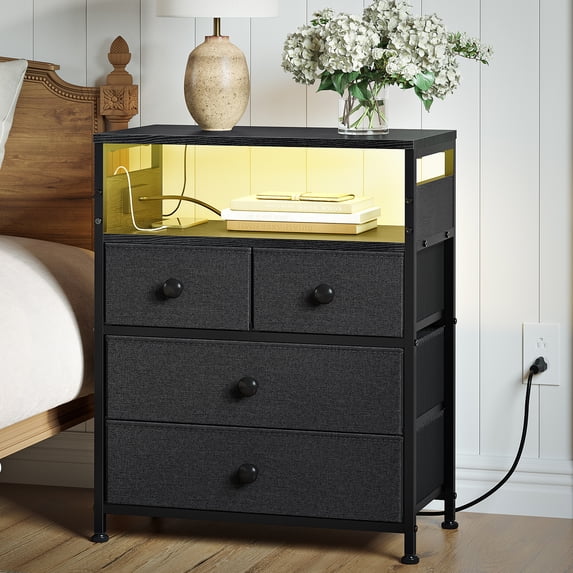 GUNAITO Led Nightstand with 4 Drawers Bedside Table with Charging Station Wide End Table with Storage Shelf for Living Room,Gray