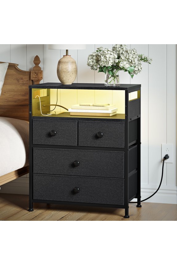 Led Nightstand with 4 Drawers Bedside Table with Charging Station Wide End Table with Storage Shelf for Living Room,Gray