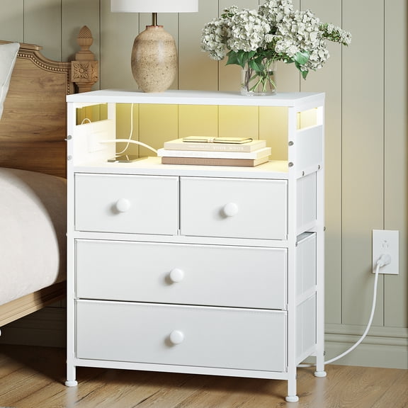 GUNAITO Led Nightstand with 4 Drawers Bedside Table with Charging Station Wide End Table with Storage Shelf for Living Room,White