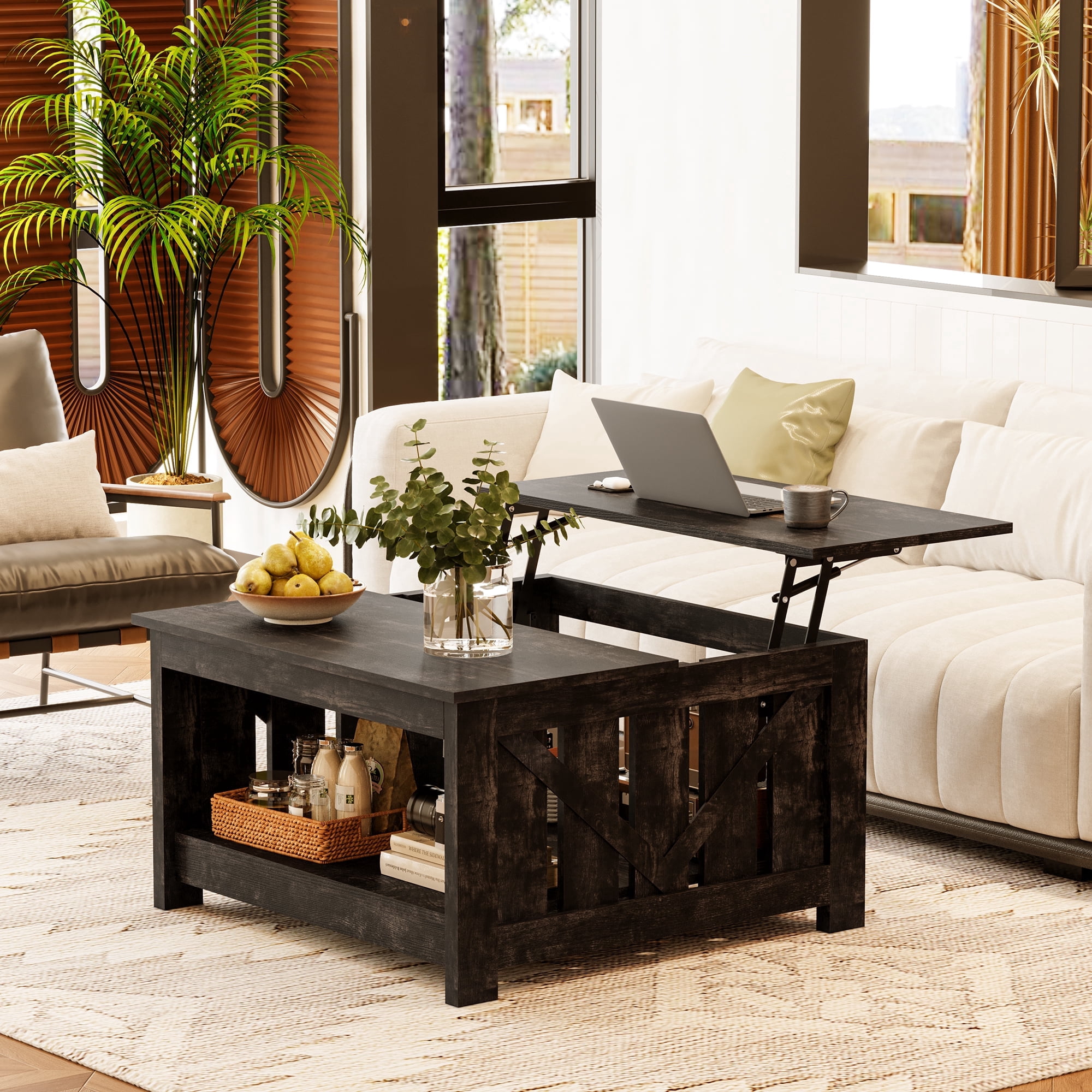 GUNAITO Lift Top Coffee Table with Storage Cabinet and 2 Compartments for Living Room, Black , 31.5''Hx31.5''W in