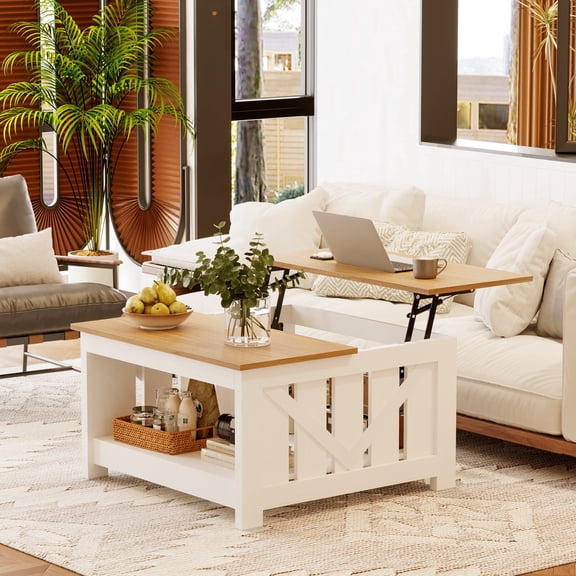 GUNAITO Lift Top Coffee Table with Storage Cabinet and 2 Compartments for Living Room, White, 31.5''Hx31.5''W in
