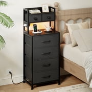 GUNAITO Nightstand with Charging Station and LED Light Bedside Table with Fabric Drawers and Storage Shelf Tall Nightstand for Bedroom Living Room Small Spaces 