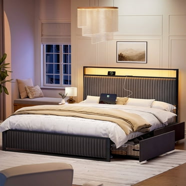 KOUSEI Queen Bed Frame with 2 Storage Drawers, Platform Bed with Headboard, Velvet Upholstered Bed Frame with LED Lights & Charging Station, Dark Grey