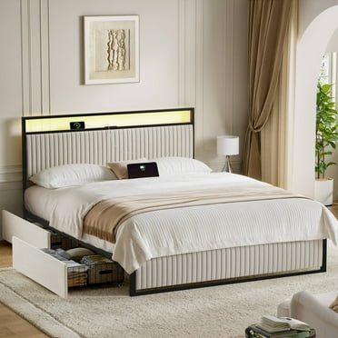 KOUSEI Queen Bed Frame with Headboard, Platform Bed with 2 Drawers, Velvet Upholstered Bed Frame with LED Lights & Charging station，Beige