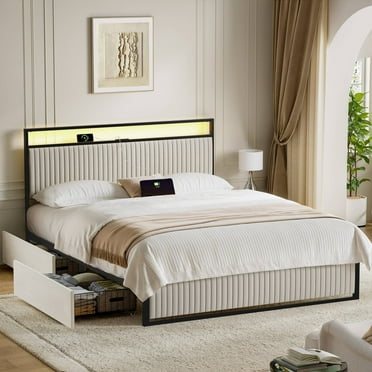 GUNAITO Queen Bed Frame with Headboard, Platform Bed with 2 Drawers, Velvet Upholstered Bed Frame with LED Lights & Charging station，Beige