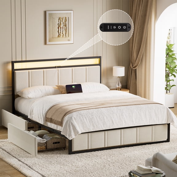 GUNAITO Queen Bed Frame with Headboard, Platform Bed with 2 Drawers, Velvet Upholstered Bed Frame with LED Lights & Charging station，Beige