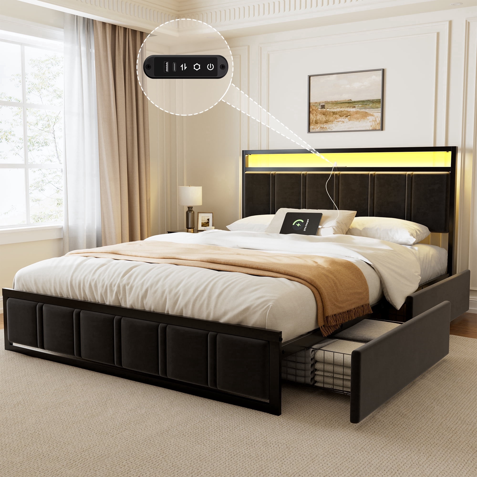 GUNAITO Queen Bed Frame with Headboard, Platform Bed with 2 Drawers, Velvet Upholstered Bed Frame with LED Lights & Charging station, Black