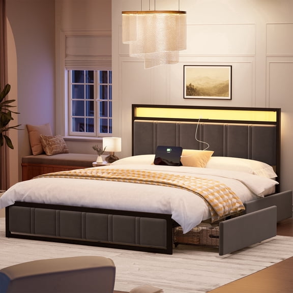 GUNAITO Queen Bed Frame with Headboard, Platform Bed with 2 Drawers, Velvet Upholstered Bed Frame with LED Lights & Charging station,Dark Grey