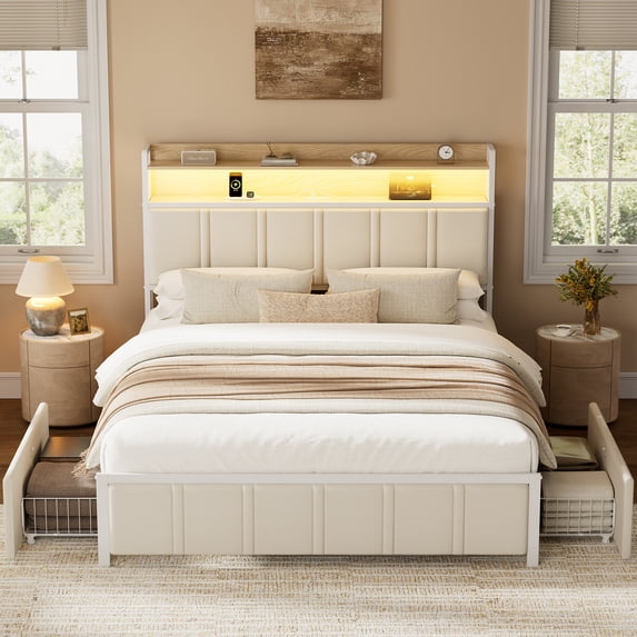 GUNAITO Queen Bed Frame with Storage Headboard, 2 Drawers Platform Upholstered LED Bed Frame with USB Ports & Outlets Beige