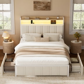 GUNAITO Queen Bed Frame with Storage Headboard, 2 Drawers Platform Upholstered LED Bed Frame with USB Ports & Outlets Beige