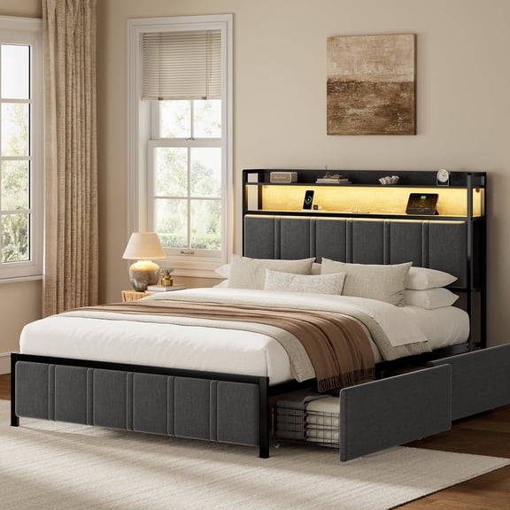 GUNAITO Queen Bed Frame with Storage Headboard, 2 Drawers Platform Upholstered LED Bed Frame with USB Ports & Outlets Gray