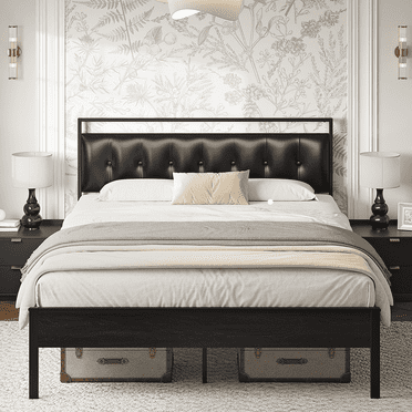KOUSEI Queen Bed Frame with Upholstered Headboard, PU Leather Platform Bed, Black