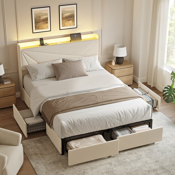 GUNAITO Queen Size Bed Frame with 4 Storage Drawers, Upholstered LED Bed with USB Ports, Modern Bed with Headboard Noise Free Platform Bed with Metal Frame, Beige