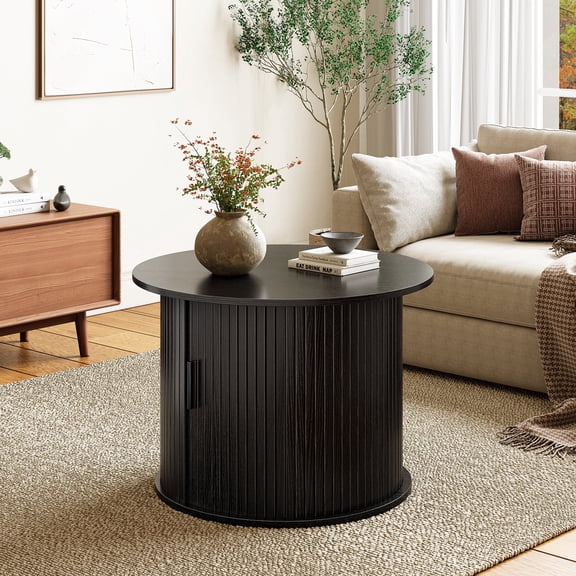 GUNAITO Round Small Coffee Table with Storage, Modern Farmhouse Center Table with Shelf Wood Table for Living Room, Black