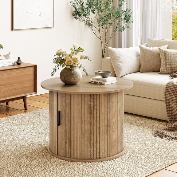 GUNAITO Round Small Coffee Table with Storage, Modern Farmhouse Center Table with Shelf Wood Table for Living Room, Natural wood