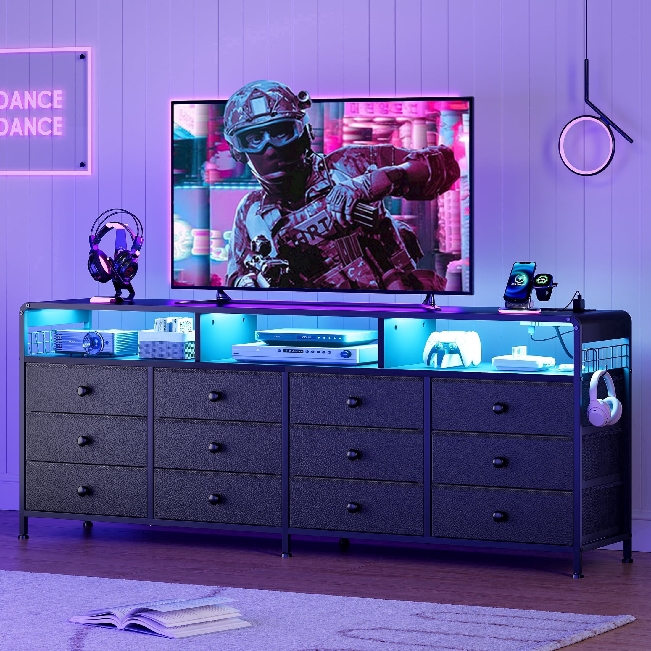 GUNAITO TV Stand for TVs up to 75", Big TV Stand with 12 Fabric Drawers and LED Lights, Entertainment Center with Storage and Shelves for Living Room, Black