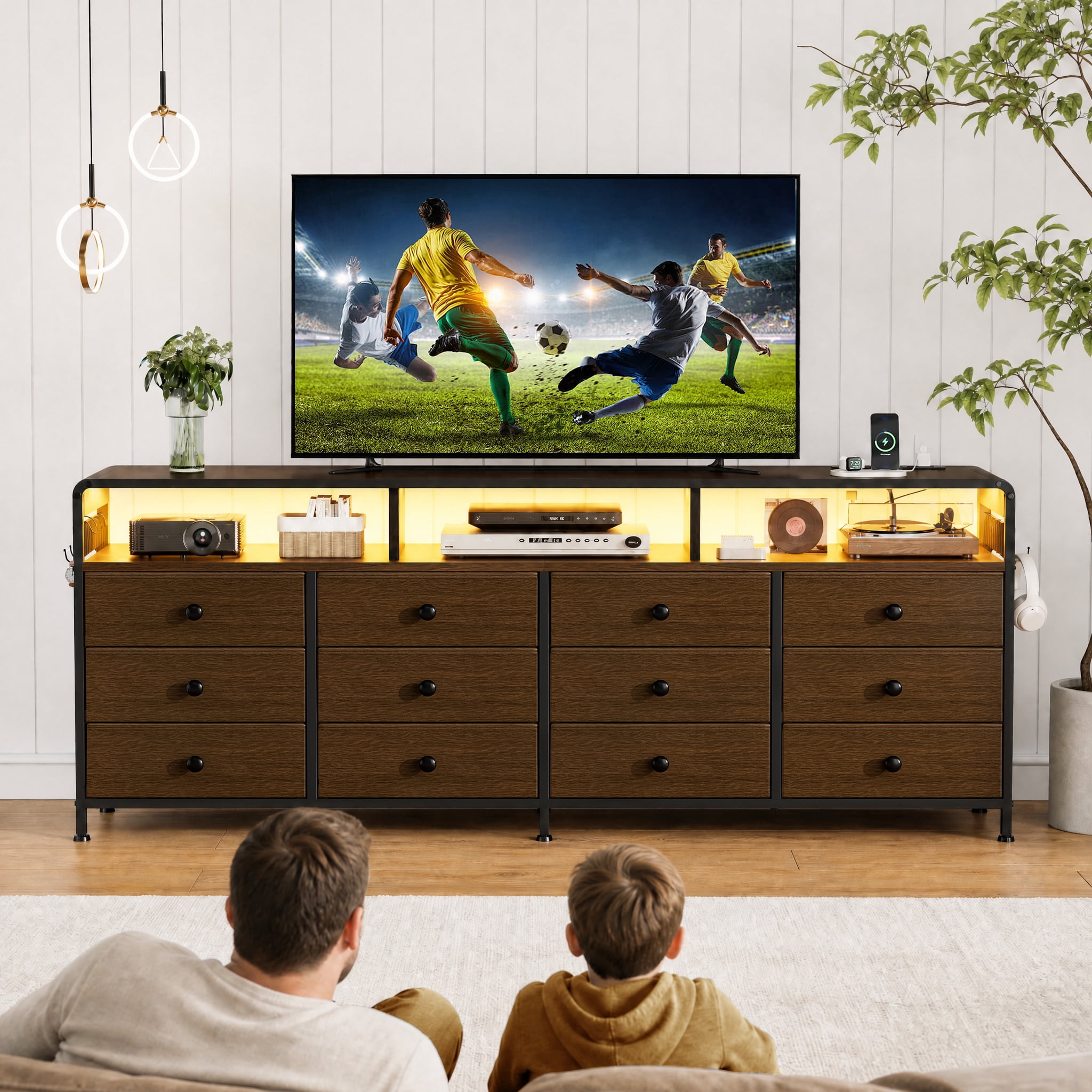 GUNAITO TV Stand for TVs up to 75", Big TV Stand with 12 Fabric Drawers and LED Lights, Entertainment Center with Storage and Shelves for Living Room, Dark Brown