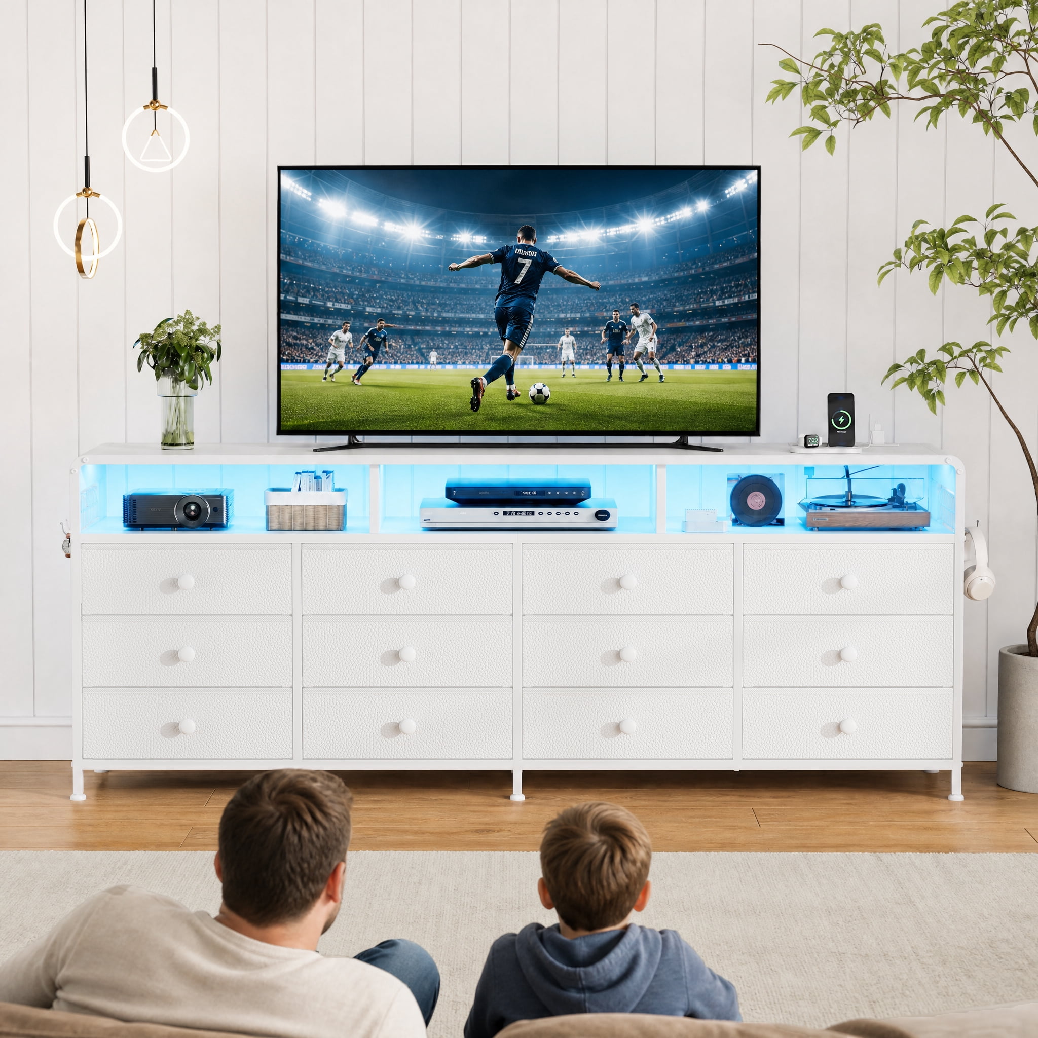 GUNAITO TV Stand for TVs up to 75", Big TV Stand with 12 Fabric Drawers and LED Lights, Entertainment Center with Storage and Shelves for Living Room, White