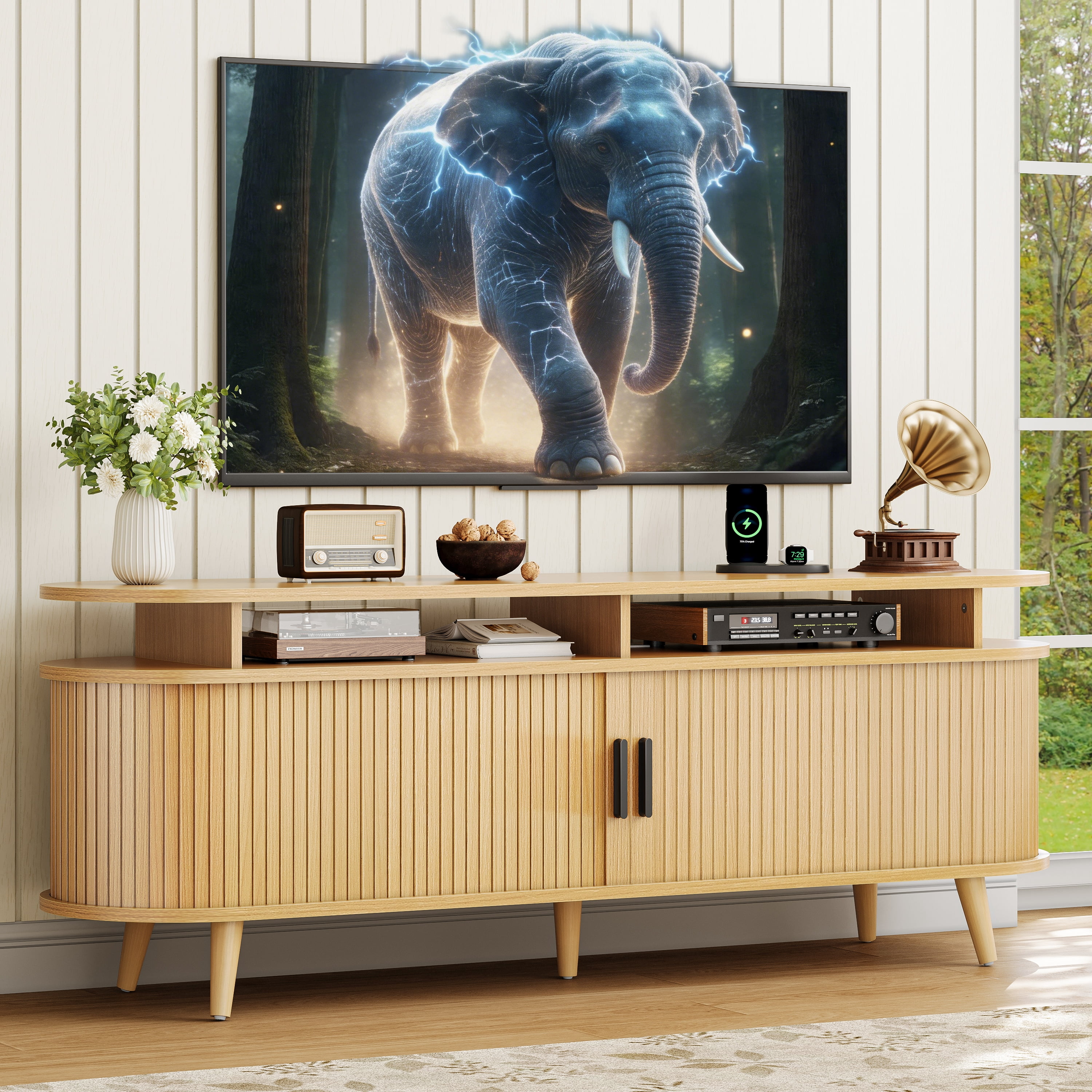 GUNAITO TV Stand for TVs up to 70", Wood TV Stand for Living Room with LED Lights , Entertainment Center with Storage and Shelves, Natural wood