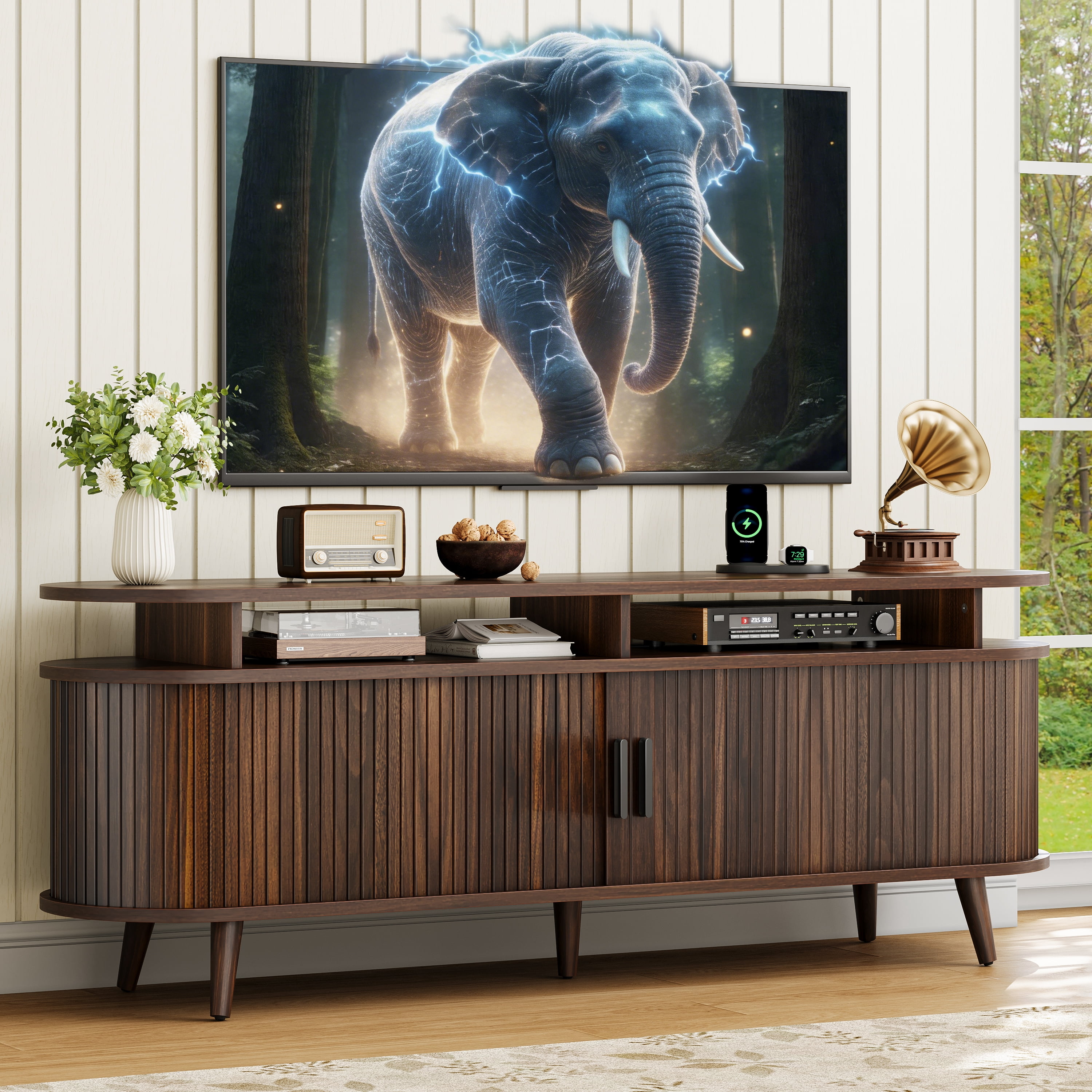 GUNAITO TV Stand for TVs up to 70", Wood TV Stand for Living Room with LED Lights , Entertainment Center with Storage and Shelves, Walnut