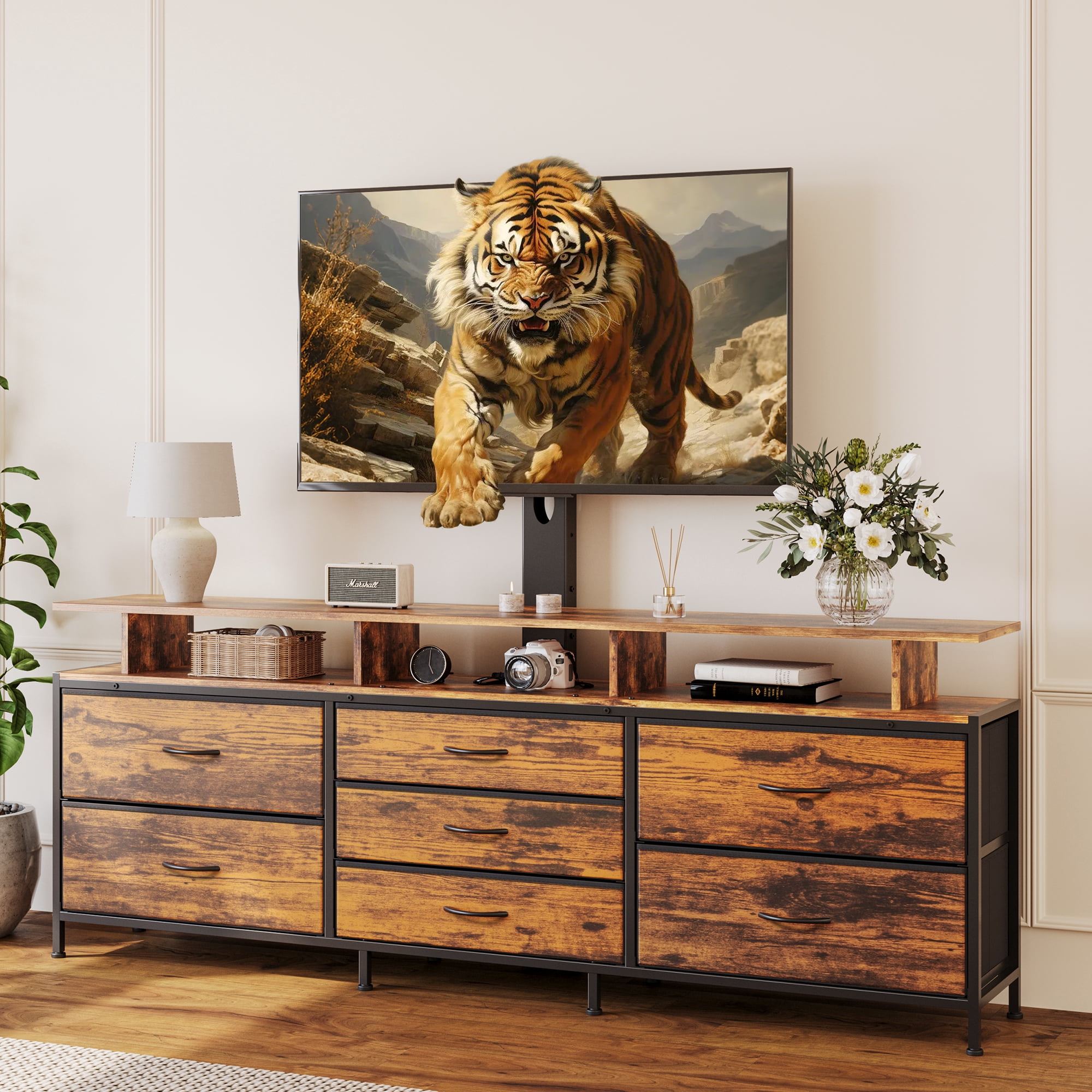 GUNAITO TV Stand with Adjustable Mount for TV up to 75", Big TV Stand for Living Room with 7 Fabric Drawers , Rustic Brown