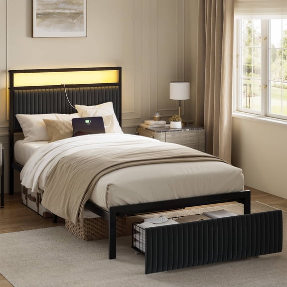 GUNAITO Twin Bed Frame with 2 Storage Drawers, Platform Bed with Headboard, Velvet Upholstered Bed Frame with LED Lights & Charging Station, Dark Grey