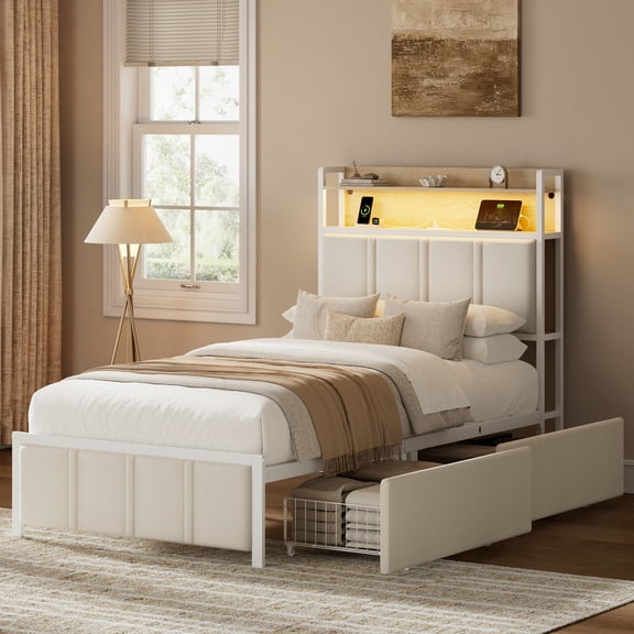 GUNAITO Twin Bed Frame with Storage Headboard, 2 Drawers Platform Upholstered LED Bed Frame with USB Ports & Outlets Beige