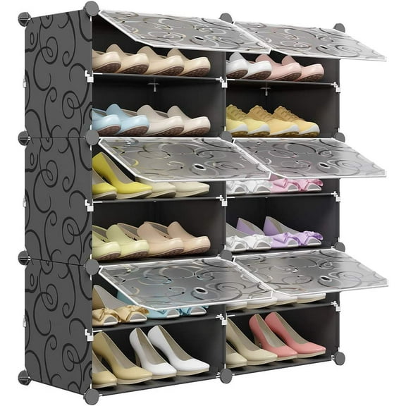 KOUSI Portable Shoe Rack Organizer 24 Pair Tower Shelf Storage Cabinet Stand Expandable for Heels, Boots, Slippers 6 Tier Black,Clear,32 inches x12 inches x36 inches