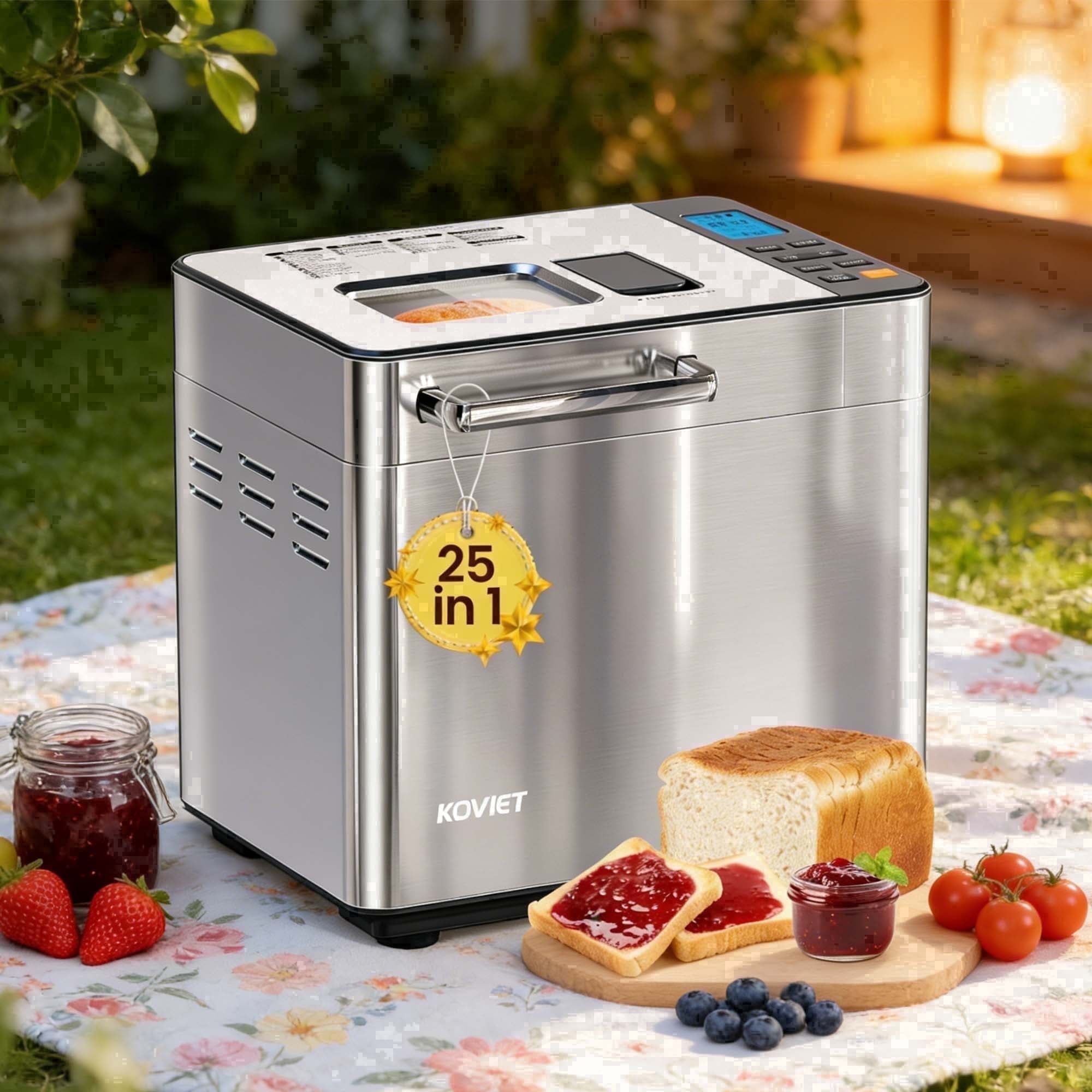 KOVIET Bread Maker, Maker  Machine with  Automatic Dual Dispenser,  2LB Stainless Steel Breadmaker for Kitchen, Satin Nickel