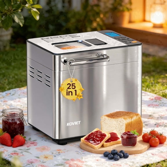 KOVIET Bread Maker, Maker Machine with Automatic Dual Dispenser, 2LB Stainless Steel Breadmaker for Kitchen, Satin Nickel