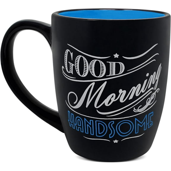 KOVOT 18-Oz Good Morning Handsome Ceramic Coffee or Tea Cup - Stylish Black with Cool Blue Interior