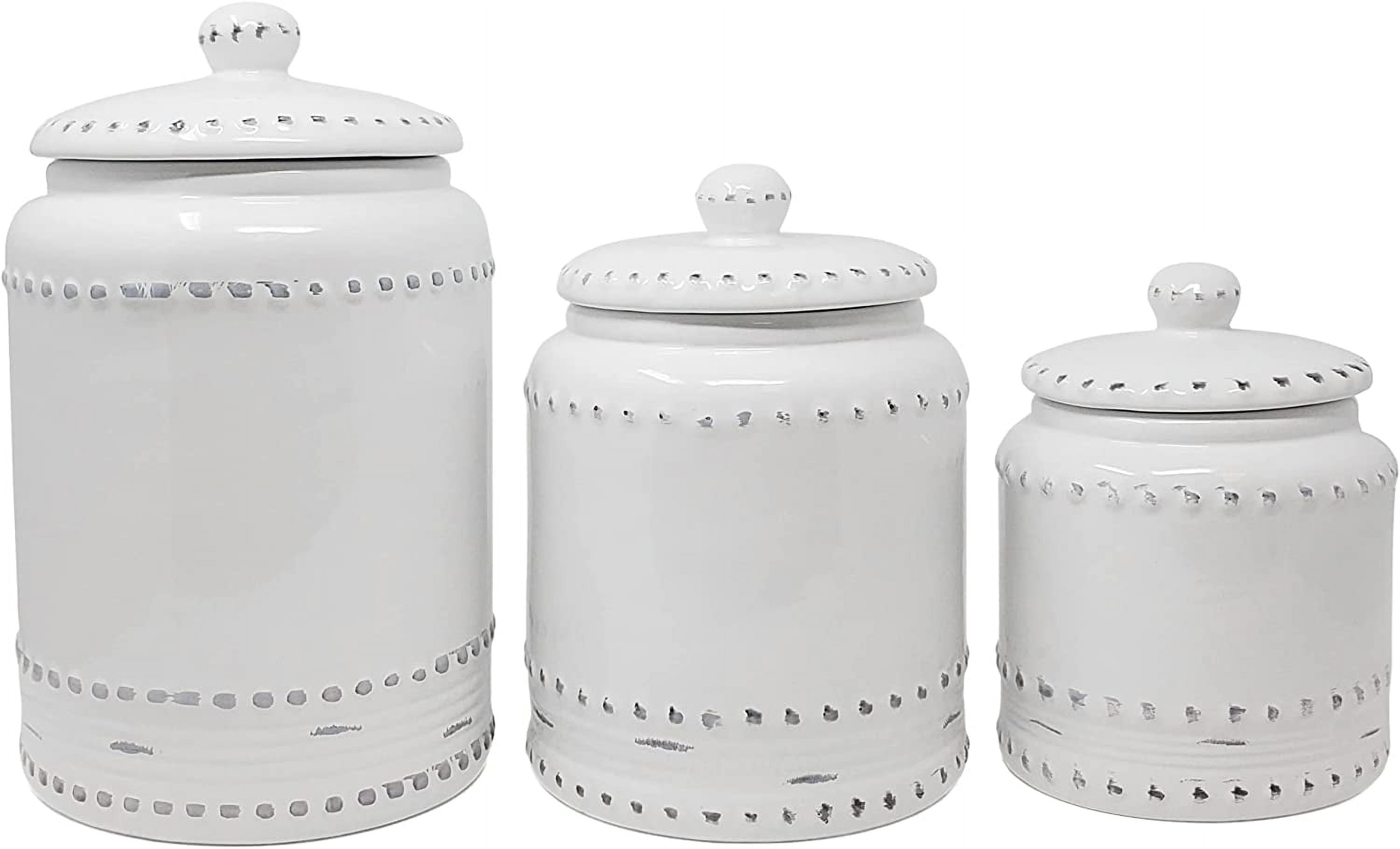 KOVOT 3 Piece Ceramic Canister Set With Air Sealed Lids Bonus Decal Labeling Stickers Ivory White With Antique Style Finish