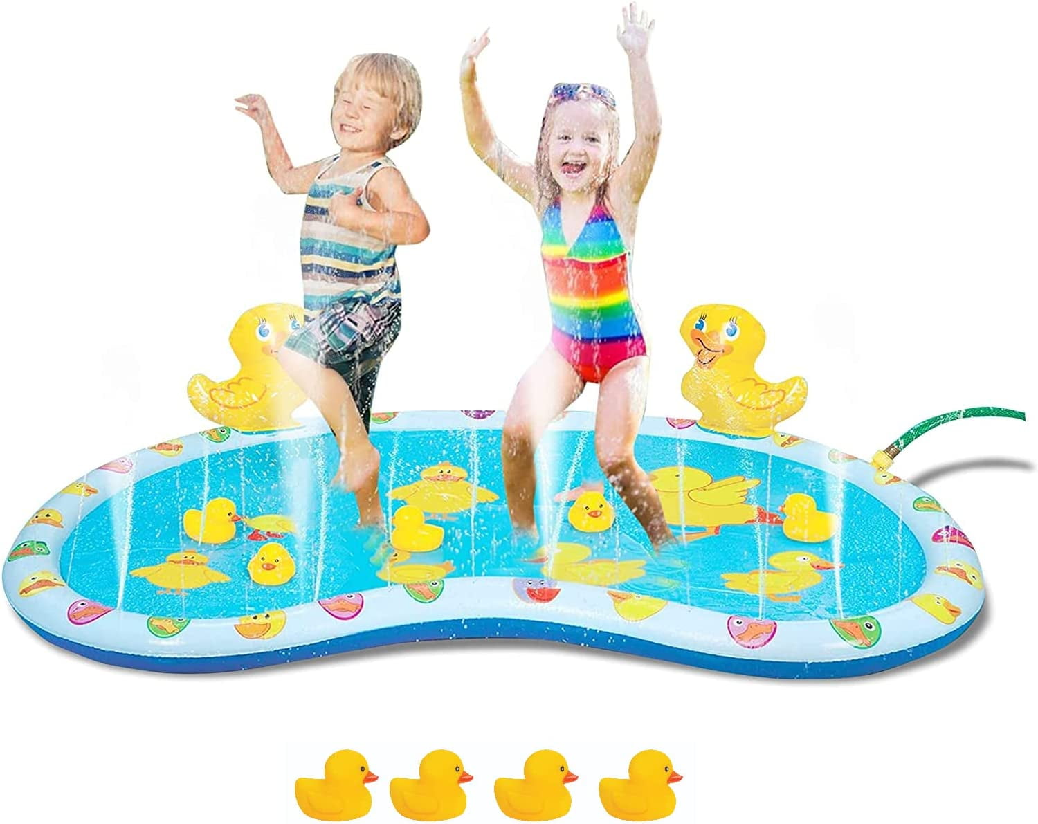 KOVOT 54" Inflatable Duck Splash Pool Mat Sprinkler Outdoor Playable with Rubber Duckies, 4 Pieces