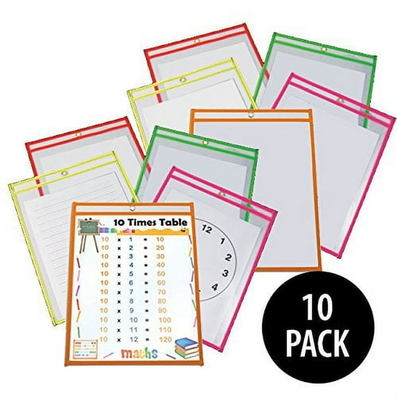 KOVOT Dry Erase Pockets - Set of Multicolored Reusable Wipe Clear Pockets (10 Pockets Included)