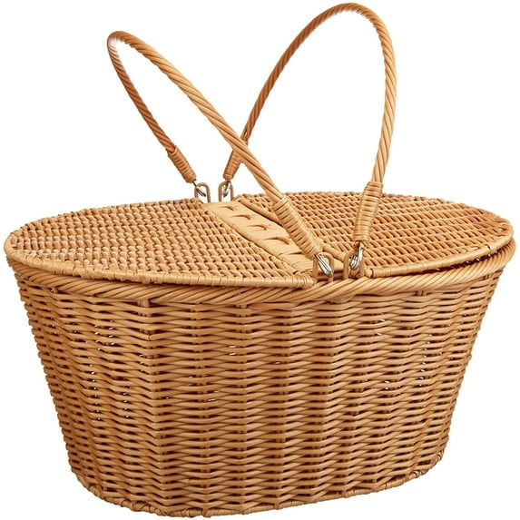 KOVOT Natural Wood Handwoven Poly-Wicker Picnic Basket