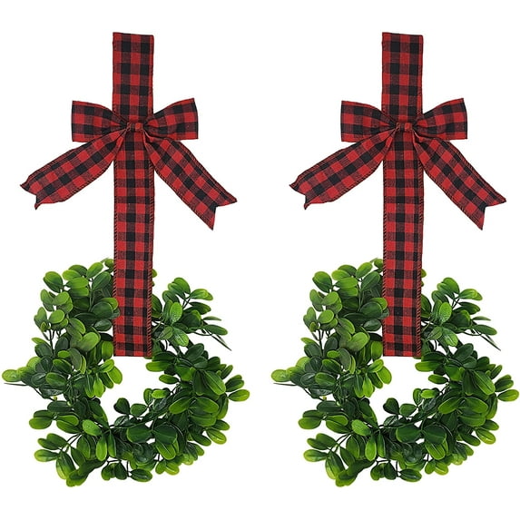 KOVOT Set of 2 Hanging Wreaths with Plaid Ribbon Bow. Christmas Decoration for Kitchen Cabinets, Behind Chairs, Doors, Railings & Windows - Black & Red Plaid Bow