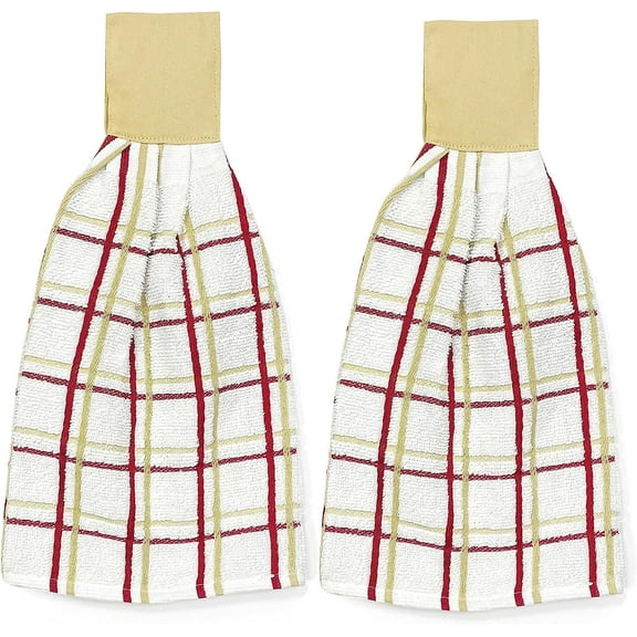 KOVOT Set of 2 Cotton Hanging Tie Towels | Include (2) Hanging Towels That Latch with Hook & Loop (Plaid Tan & Red)…