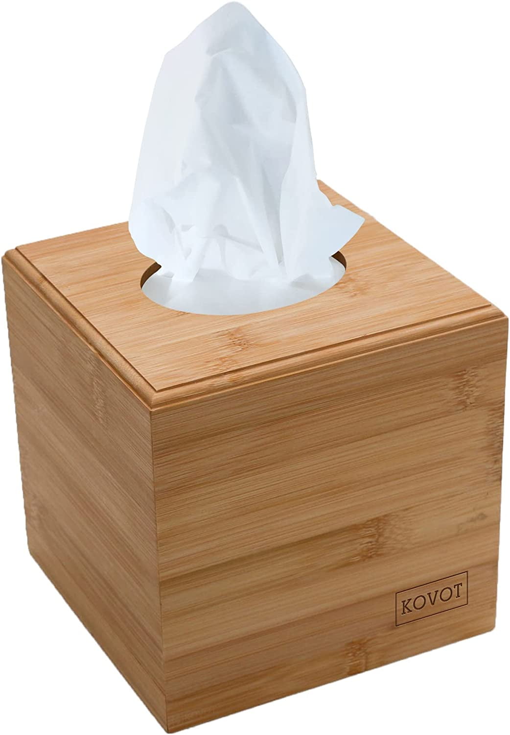 KOVOT Square Tissue Box Holder Natural Bamboo Tissue Box Cover with Sliding Bottom Modern