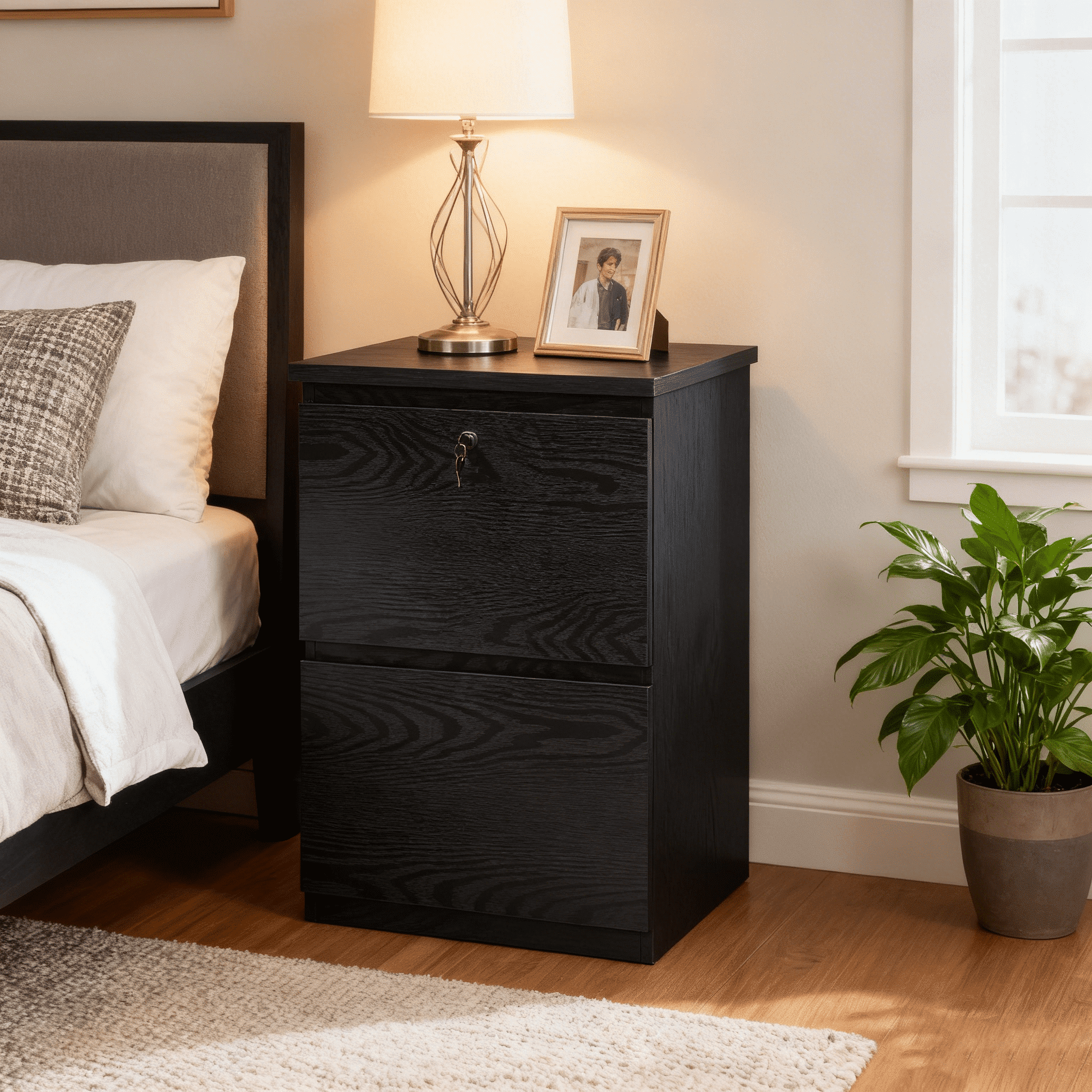 KOWO 2 Drawer Wood File Cabinet with Lock, Black